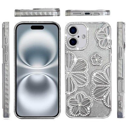 For iPhone 16 (6.1") Luxury Flower Design Sparkle Glitter Diamond Rhinestone Shimmer Bling Plating Thick TPU Hard PC Case Cover
