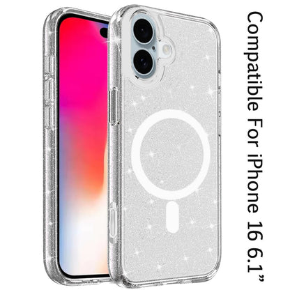 For iPhone 16 (6.1") MagSafe Compatible Glitter Sparkle Bling Hybrid Case with Magnetic Circle, Slim TPU & Hard PC Frame Case Cover Smoke