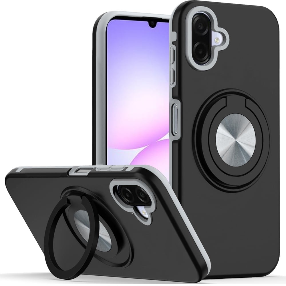For Samsung Galaxy A07 Metal Matte Hybrid with Invisible Rotational Ring Stand, Car Mount Friendly, Military Grade Slim Fit Sturdy Case Cover