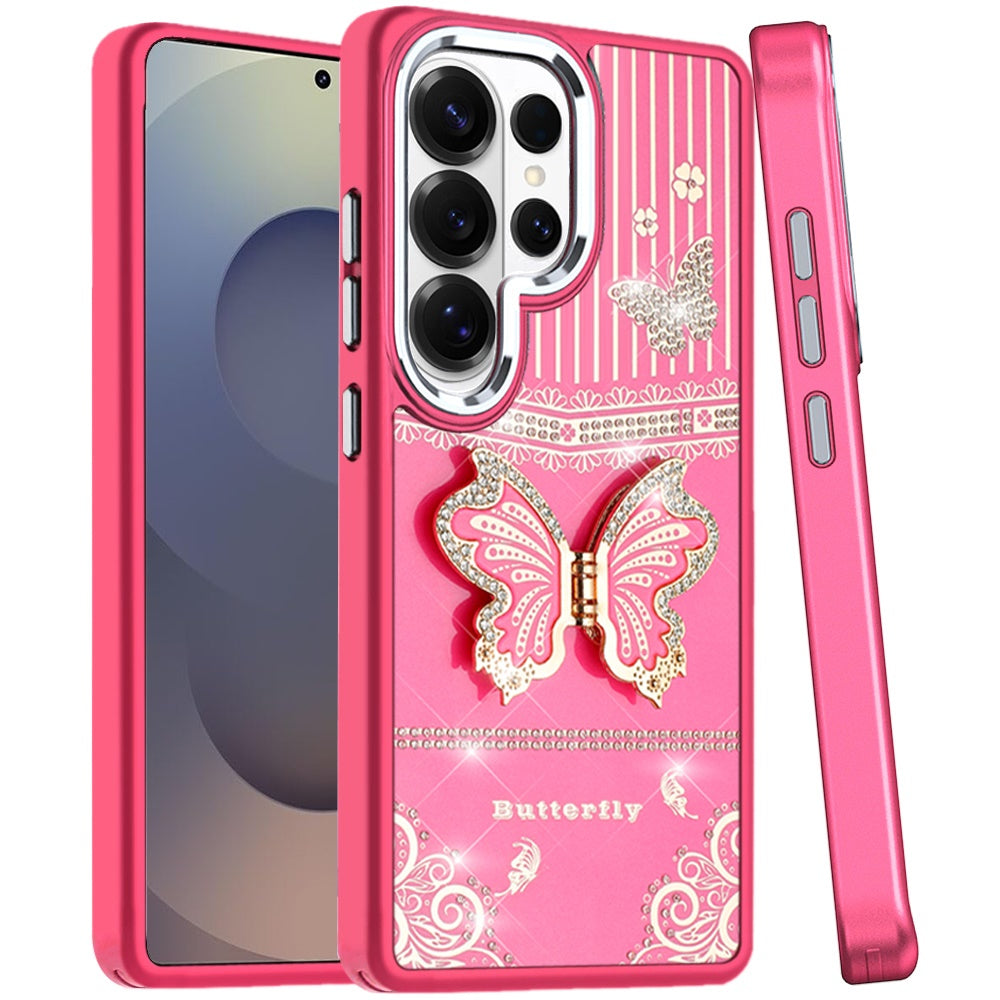 For Samsung Galaxy S25 Ultra Glitter 3D Butterfly Design Bling Metallic Edge Hybrid Stand Drop Protection TPU Shockproof Case Cover