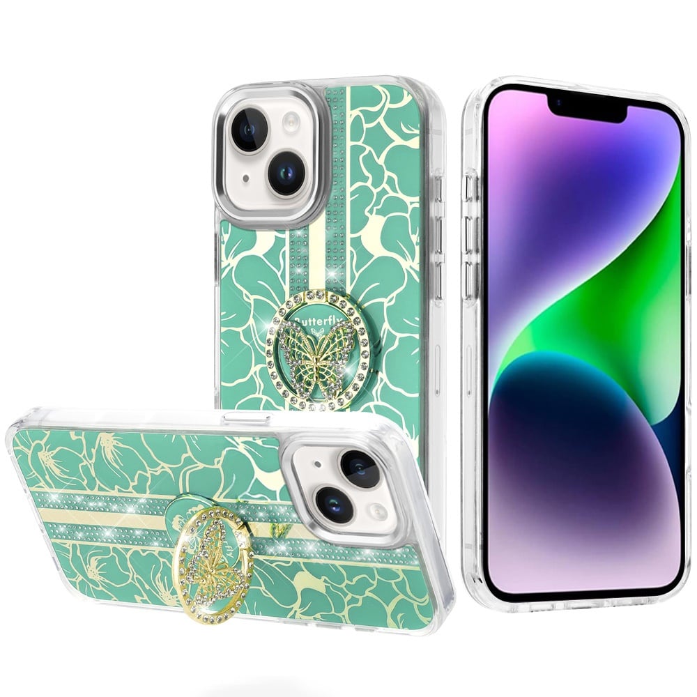 Phone Case for Apple iPhone 14/13 Floral Butterfly Ring Stand Glitter Bling Shockproof Hybrid Luxury Fashion Protective Anti Slip Durable Grip Cover Light Green