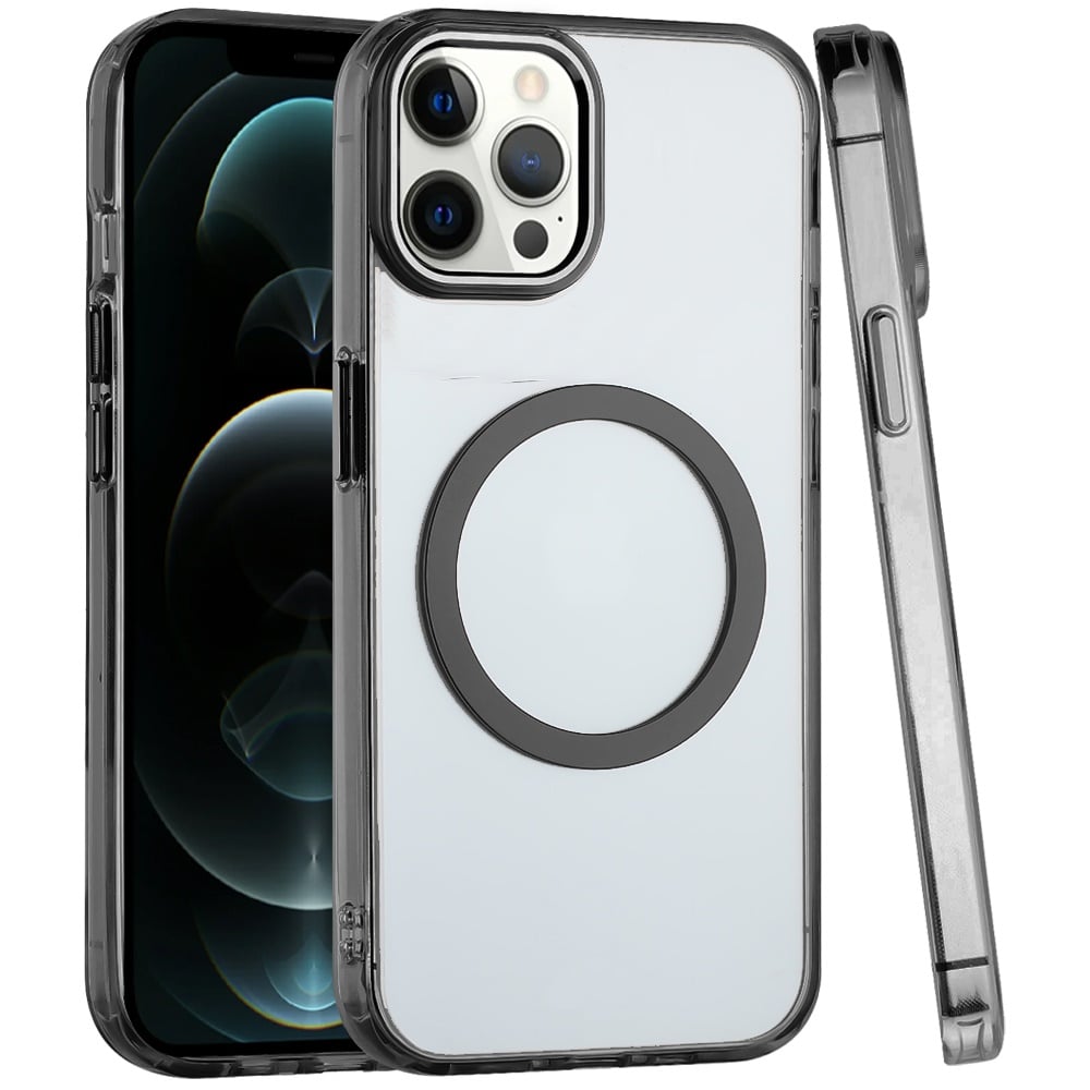 For Apple iPhone 12 Pro Max Transparent Back Hybrid Case - Magnetic Circle, Color Frame, Metal Buttons, MagSafe Compatible Case Cover