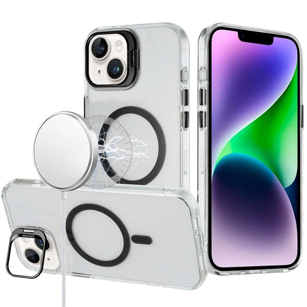 Phone Case for Apple iPhone 14/ iPhone 13 Clear Metallic Camera Stand Magnetic Hybrid TPU Shockproof Grip Camera Protection Kickstand Durable Armor Cover