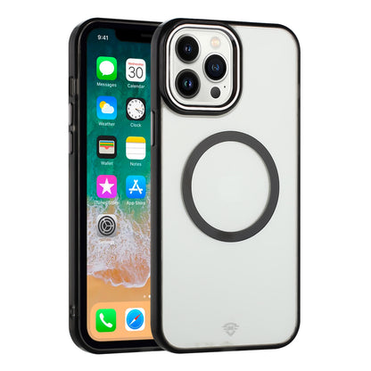 For Apple iPhone 15 Plus Transparent Back Hybrid Case - Magnetic Circle, Color Frame, Metal Buttons, MagSafe Compatible Case Cover Black