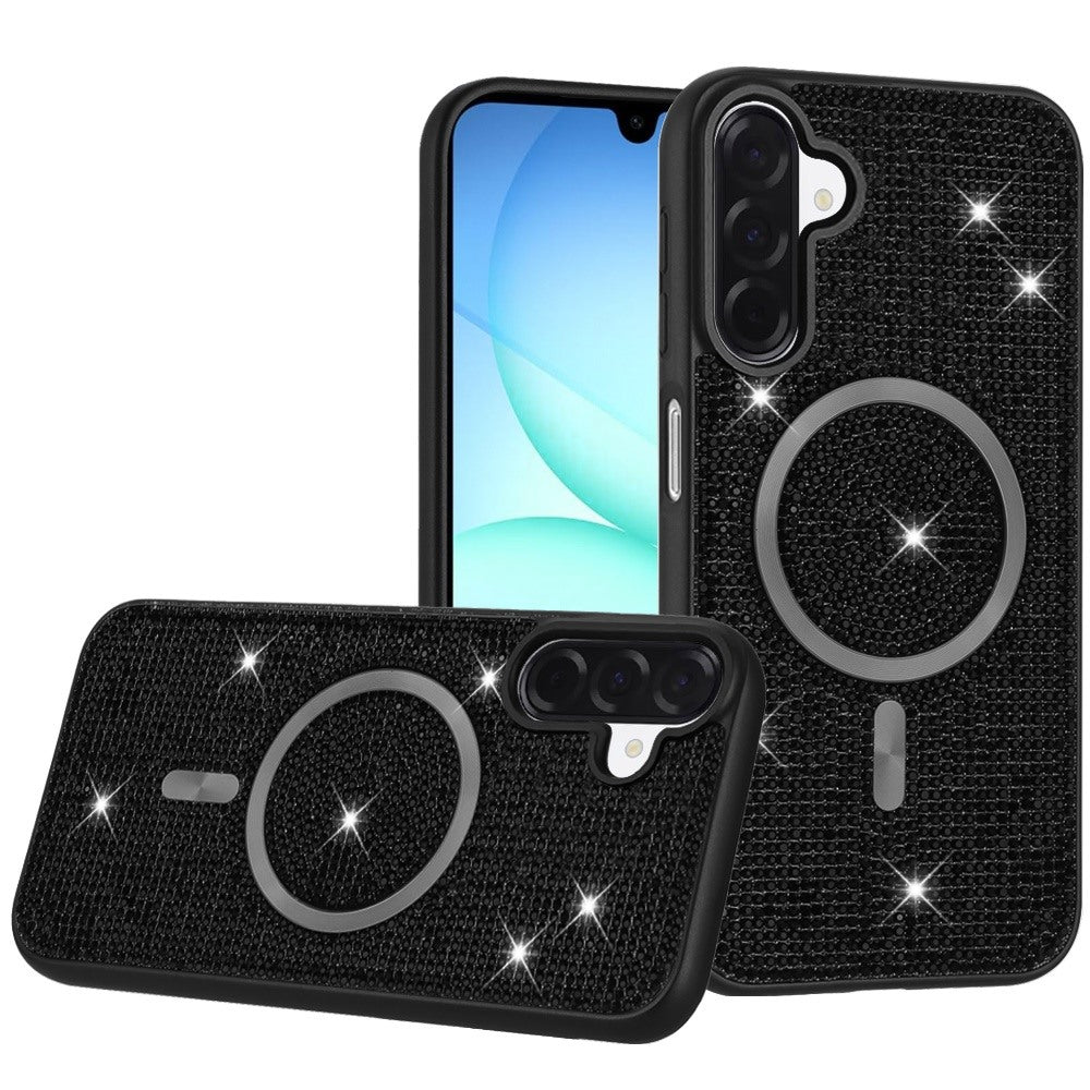 Phone Case for Galaxy A17 5G Magnetic Bling Diamond Sparkle Hybrid Shockproof Rugged Grip Durable Protection Anti-Slip Armor Design Cover Black