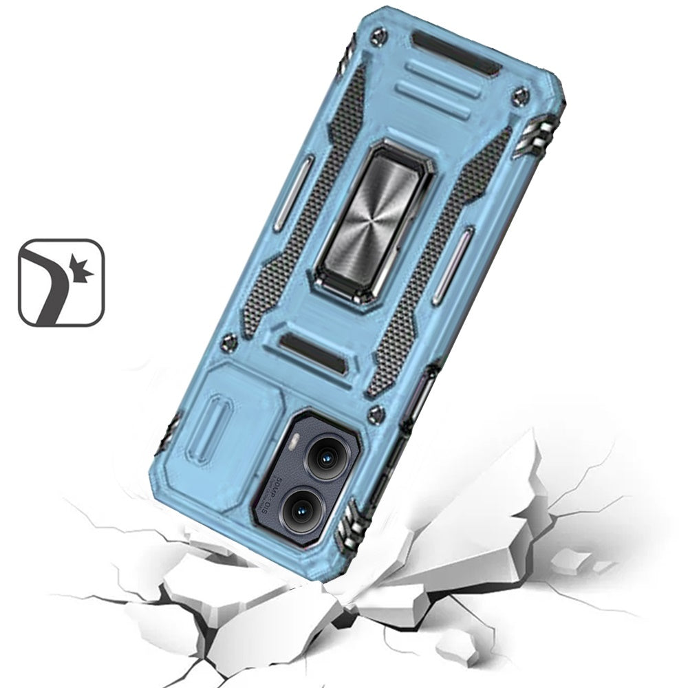Phone Case for Motorola Edge 2024 Tough Metal Ring Shockproof Sliding Camera Window Hybrid Armor Rugged Anti Slip Heavy Duty Grip Cover Blue