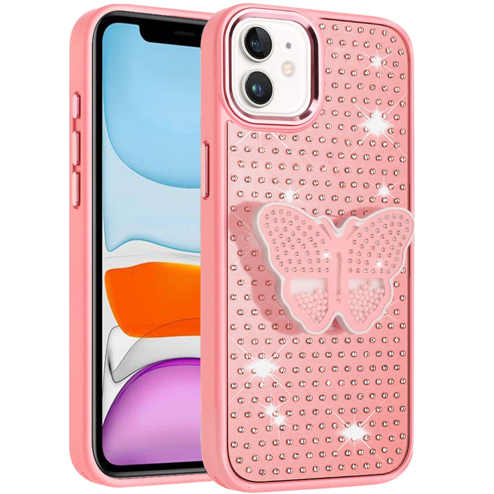 Phone Case for Apple iPhone 11 Butterfly Grip Pop Stand Diamond Sparkle Hybrid Shockproof Metal Button Slim Protective Grip Decorative Design Cover