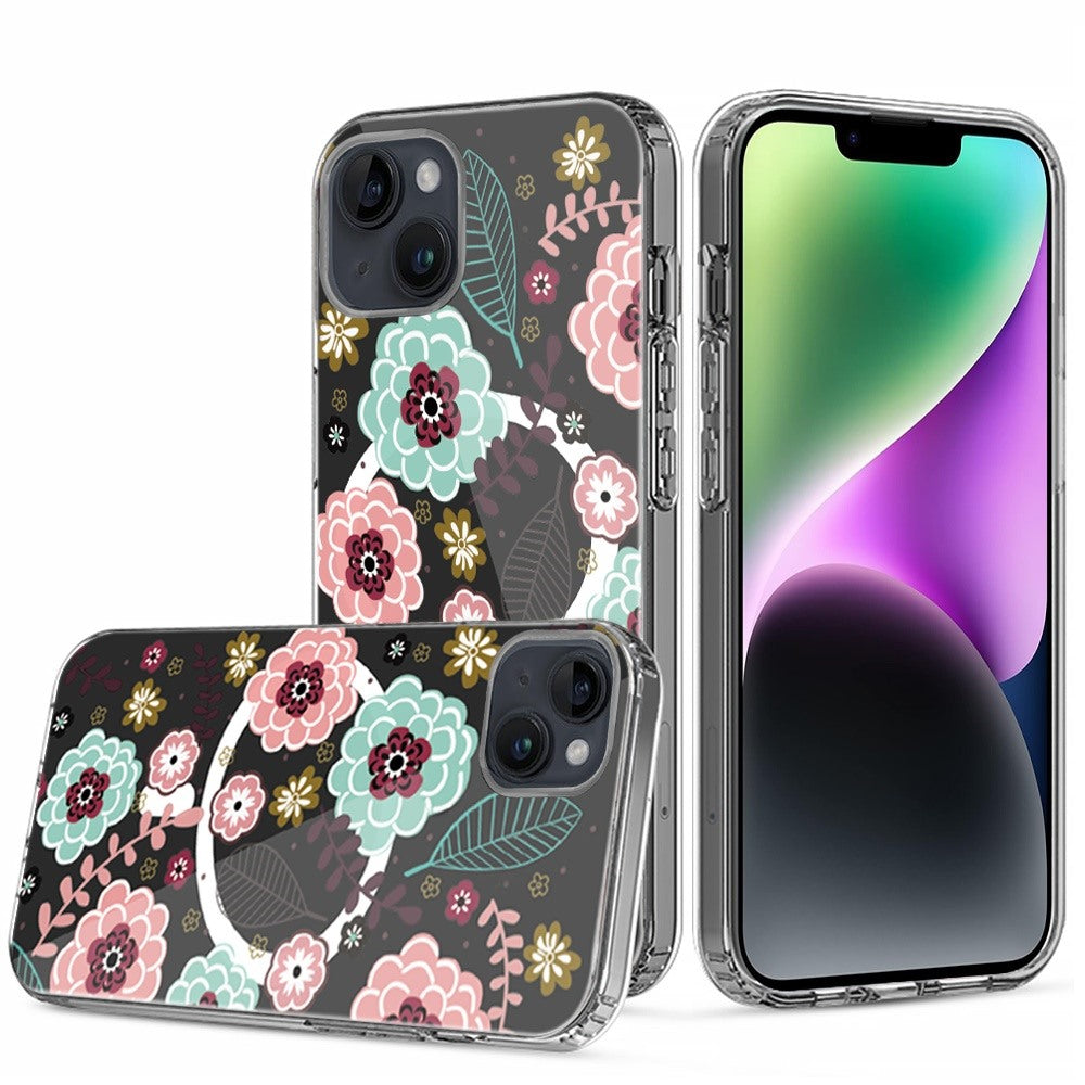 Phone Case for iPhone 14/13 Hybrid Flower Design Stylish Fashion with MagSafe Compatible, Thick Shockproof Hard PC Cover Multicolor