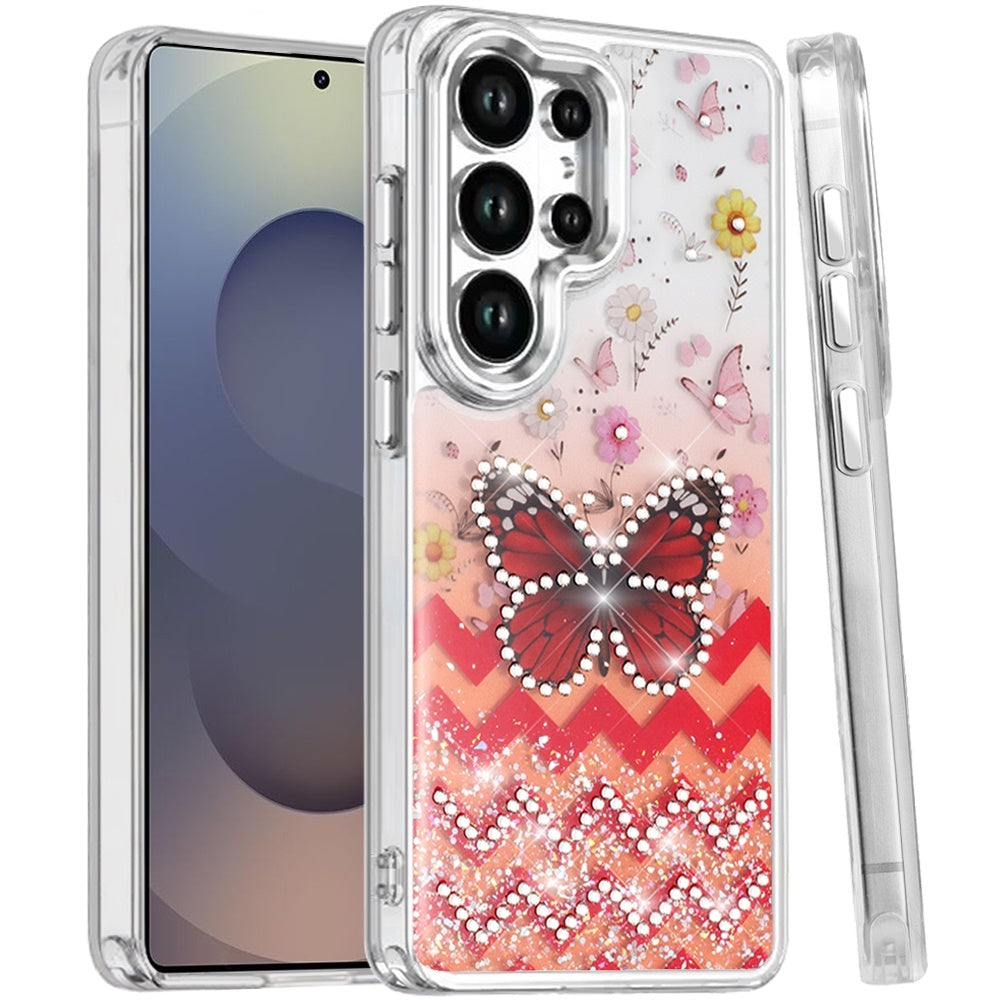 For Samsung Galaxy S25 Ultra Butterfly Resin Epoxy Diamond Design Metal Edged Hybrid Shockproof Heavy Duty Drop Protection Case Cover