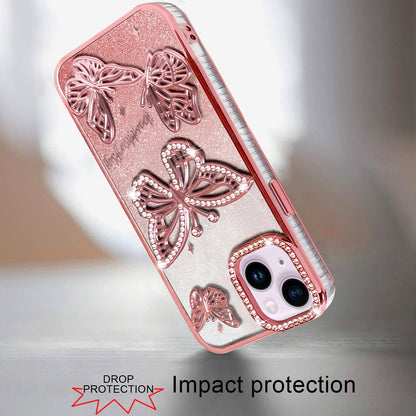 For Apple iPhone 17E /16E Luxury Butterfly Sparkle Glitter Diamond Crystal Rhinestone Shimmer Bling Plating Thick TPU Hard PC Case Cover Rose Gold