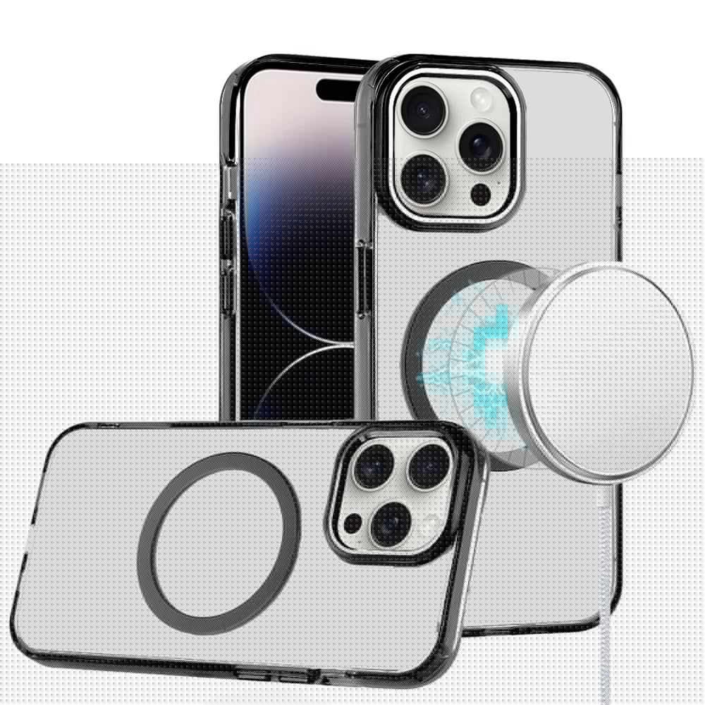 For iPhone 14 Pro Max (6.7") Transparent Back Hybrid Case - Magnetic Circle, Color Frame, Metal Buttons, MagSafe Compatible Case Cover