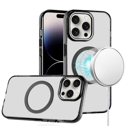 For iPhone 14 Pro Max (6.7") Transparent Back Hybrid Case - Magnetic Circle, Color Frame, Metal Buttons, MagSafe Compatible Case Cover