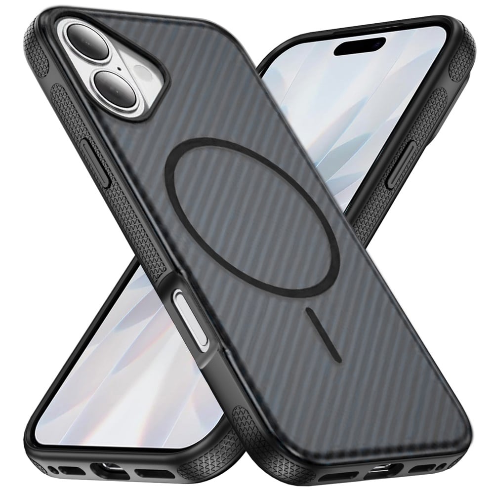 Phone Case for Apple iPhone 17 Shockproof Magnetic Carbon Fiber Texture Metallic Button Rugged Grip Anti Fingerprint Heavy Duty Hybrid Armor Cover Black