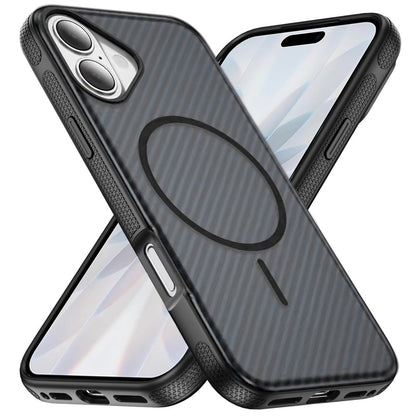 Phone Case for Apple iPhone 17 Shockproof Magnetic Carbon Fiber Texture Metallic Button Rugged Grip Anti Fingerprint Heavy Duty Hybrid Armor Cover Black