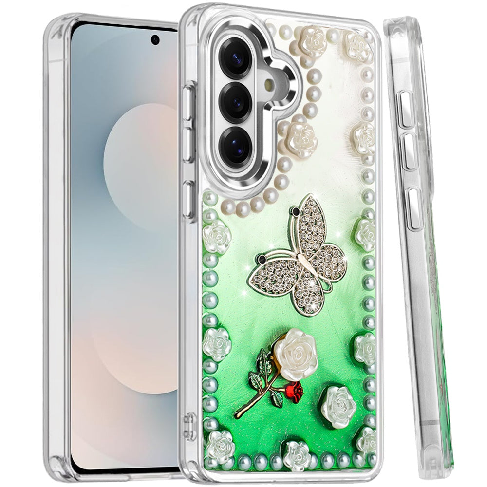 For Samsung Galaxy S25 FE, S25 Fan Edition Bling Fashion Design with 3D Pearls Epoxy Glitter Ornaments Chrome Edge Hard Slim PC Case Cover