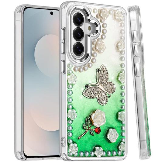For Samsung Galaxy S25 FE, S25 Fan Edition Bling Fashion Design with 3D Pearls Epoxy Glitter Ornaments Chrome Edge Hard Slim PC Case Cover