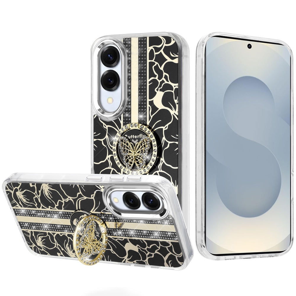 For Samsung Galaxy S25 Edge Diamonds 3D Fashion Bling Sparkly Glitter Ornaments Engraving Hybrid with Ring Stand Case Cover