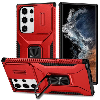 For Samsung Galaxy S22 Ultra Case, Camera Cover with Magnetic Rotation Ring Stand, Military Grade Hybrid Hard TPU Shockproof Case Cover Red