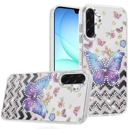 For Samsung Galaxy A17 5G Butterfly Resin Epoxy Diamond Design Metal Edged Hybrid Shockproof Heavy Duty Drop Protection Case Cover