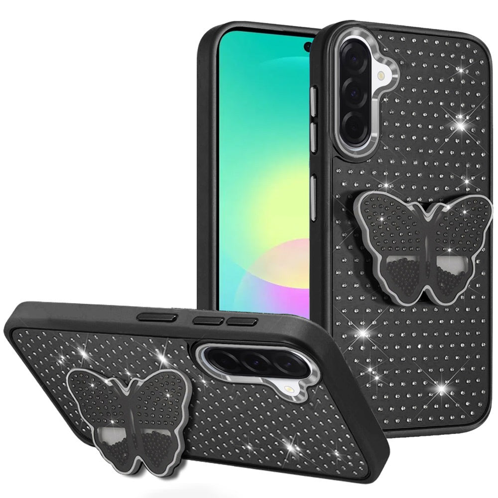 Phone Case for Samsung Galaxy A27 Butterfly Grip Pop Stand Diamond Sparkle Hybrid Shockproof Metal Button Slim Protective Grip Decorative Design Cover