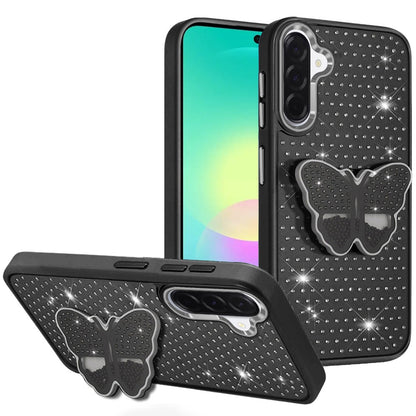 Phone Case for Samsung Galaxy A27 Butterfly Grip Pop Stand Diamond Sparkle Hybrid Shockproof Metal Button Slim Protective Grip Decorative Design Cover