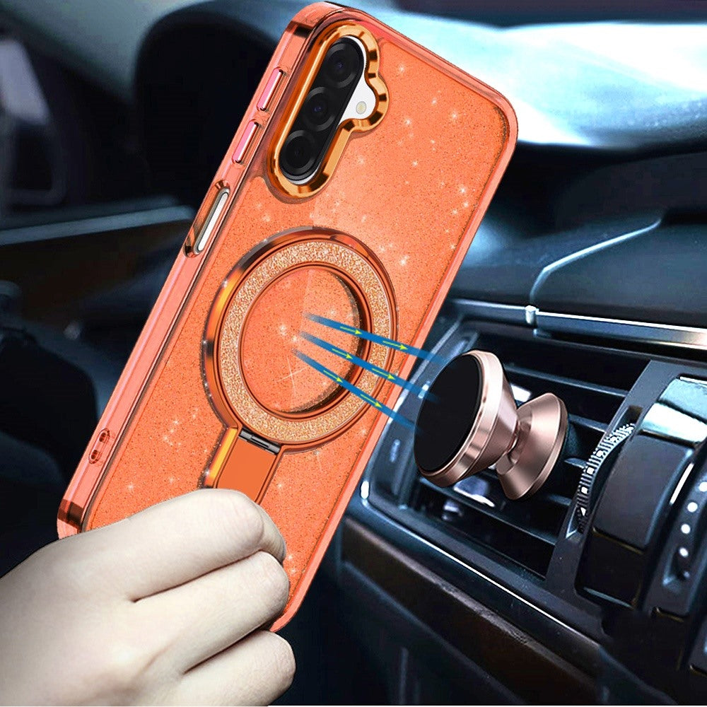 For Samsung Galaxy A16 5G Transparent Glitter Bling Case with Rotating Magnetic Ring Stand, Shockproof Hybrid Case Cover Cosmic Orange