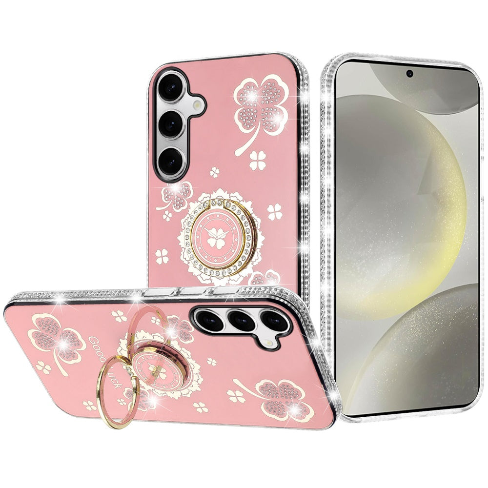 For Samsung Galaxy S25 /S24 Diamonds Bling All Around Edges Sparkly Glitter Hybrid with Ring Stand Holder Fashion Good Luck Case Cover