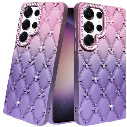 For Samsung Galaxy S23 Ultra Fashion Flower Design Sparkle Glitter Shimmer Rhinestone Bling Floral Accents, Leather Texture TPU Case Cover