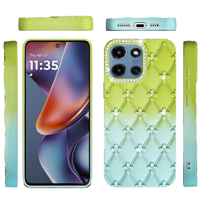 For Motorola Moto G Play 5G 2026 Fashion Flower Design Sparkle Glitter Shimmer Rhinestone Bling Floral Accents, Leather Texture TPU Case Cover Light Green/Teal