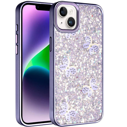 Phone Case for Apple iPhone 14/13 Cute Butterfly Diamond Glitter Metallic Hybrid Shockproof Shimmer Grip Stylish Protective Luxury Designer Cover