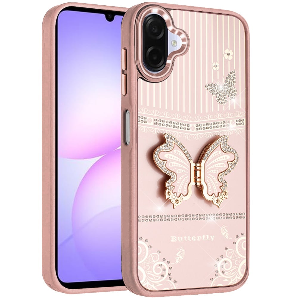 Phone Case Cover for Samsung Galaxy A07 4G Glitter 3D Butterfly Design Bling Metallic Edge Hybrid Stand Drop Protection TPU Shockproof Cover
