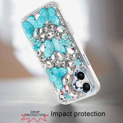 For Apple iPhone 17 (6.3") 3D Diamond Floral Butterfly Bling Stone Hybrid, Sparkly Rhinestone Gemstone Back Shockproof Case Cover