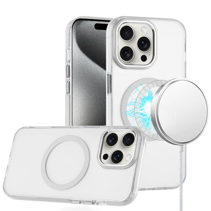 For Apple iPhone 15 Pro Max Transparent Back Hybrid Case - Magnetic Circle, Color Frame, Metal Buttons, MagSafe Compatible Case Cover