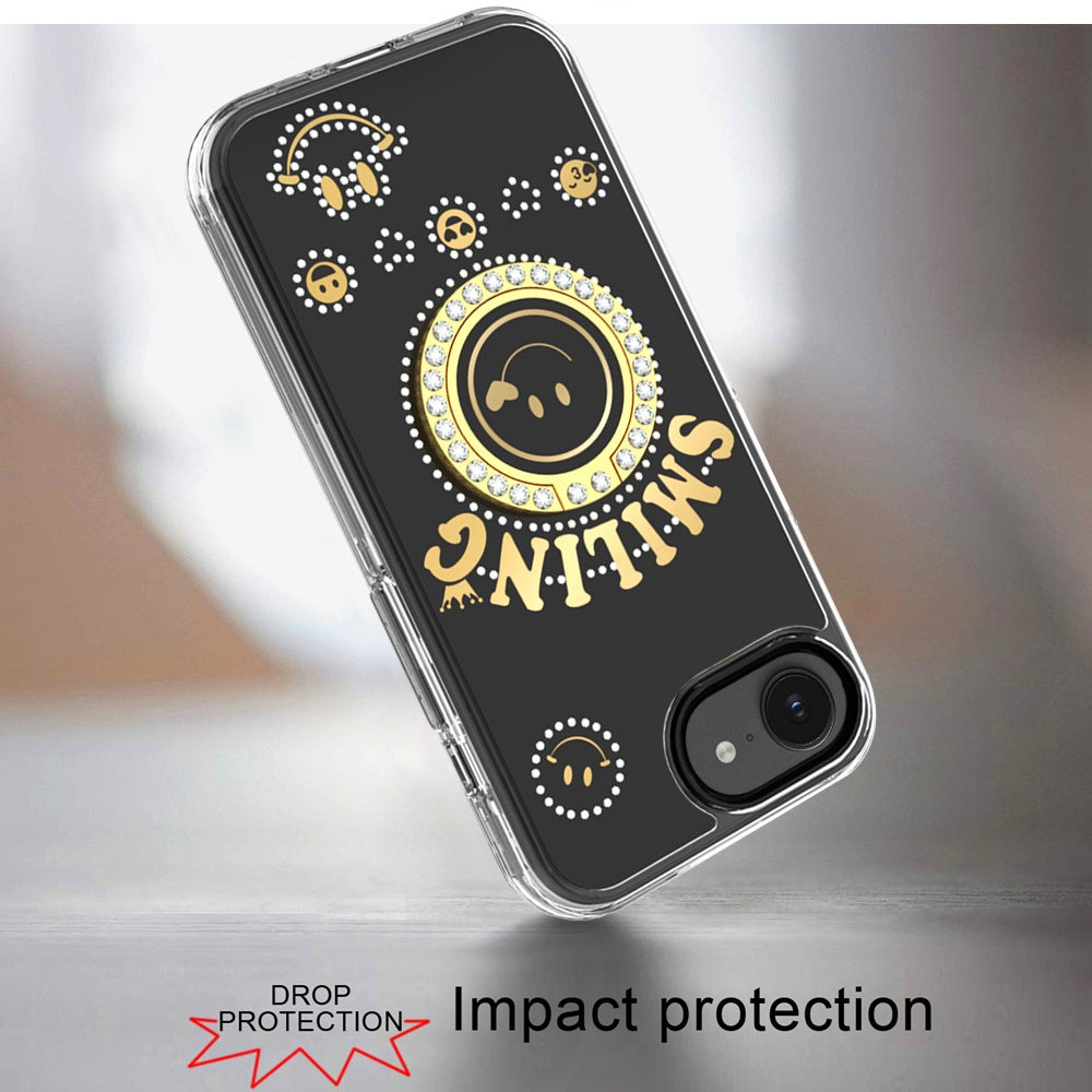 For Apple iPhone 17E /16E Smiling Glitter Bling Ornament Hybrid Shockproof Stylish Sparkle Design Secure Grip Durable Protection Case Cover Black