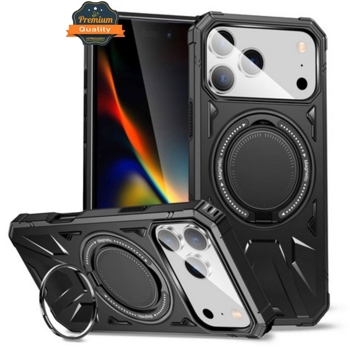 For Apple iPhone 17 Pro Max Tough Shockproof Hybrid Magnetic Large Rotating Ring Stand Compatible with MagSafe Case Cover