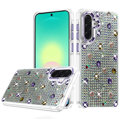 Phone Case for Samsung Galaxy A27 Chrome Fashion Hybrid Bling Diamond Heart Rhinestone Decorative Stones Sparkling Embellished Design Cover Purple
