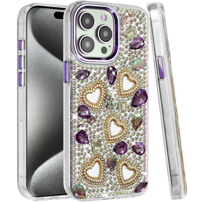 Phone Case for iPhone 15 Pro (6.1") Luxury Crystal Heart Rhinestone Diamond Bling Shockproof Hybrid Glitter Protective Stylish Durable Grip Cover