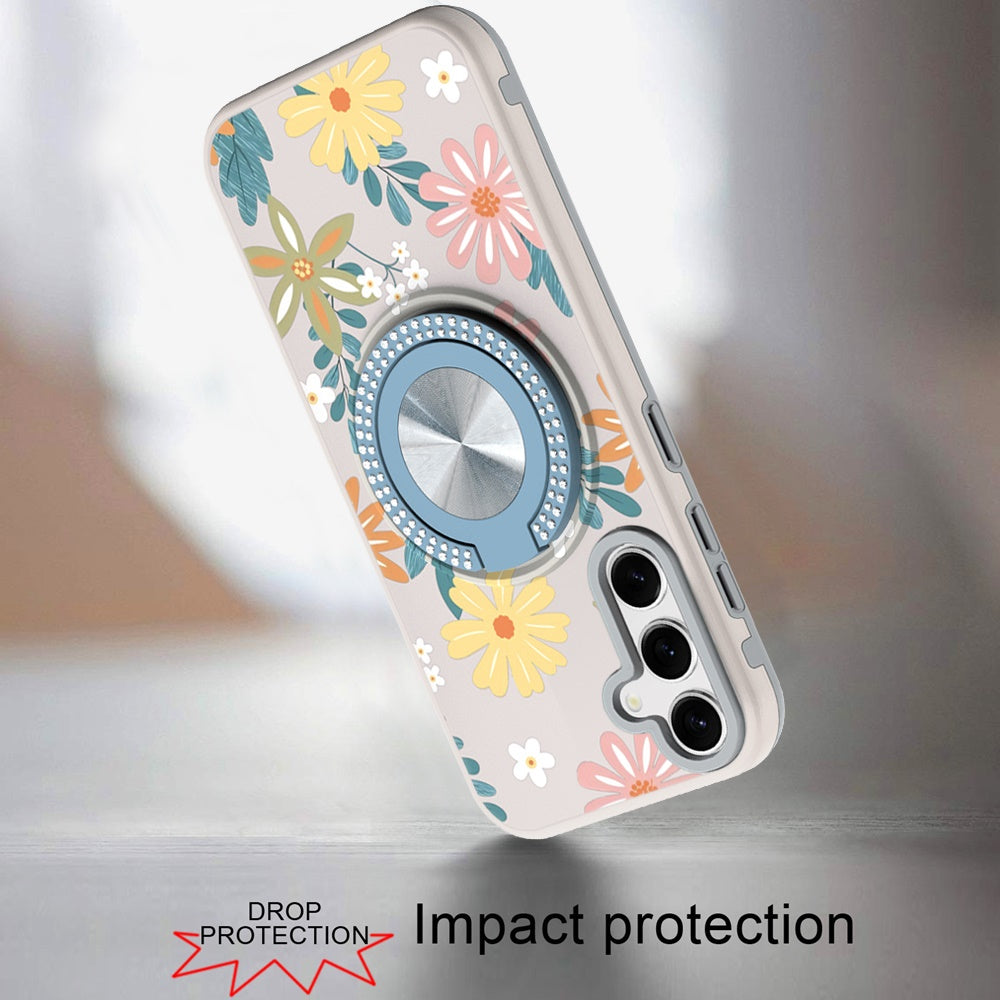 For Samsung Galaxy S25 /S24 Pattern Design Hybrid with Invisible Ring Stand & Magnetic Back, Shockproof Protective Grip Case Cover