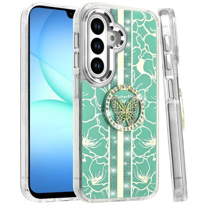 Phone Case for Galaxy A17 5G Floral Butterfly Ring Stand Glitter Bling Shockproof Hybrid Luxury Fashion Protective Anti Slip Durable Grip Cover