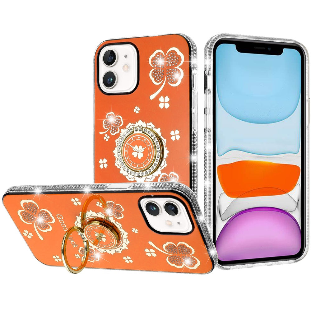 For Apple iPhone 11 Diamonds Bling All Around Edges Sparkly Glitter Hybrid with Ring Stand Holder Fashion Good Luck Case Cover Cosmic Orange