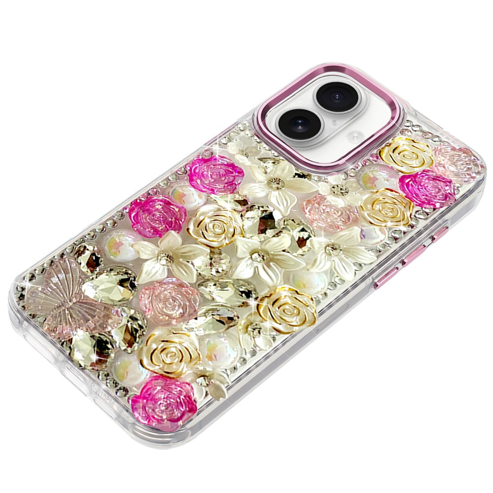 Phone Case for iPhone 17 (6.3") Luxury Rose Bling Rhinestone Glitter Floral Hybrid Shockproof Stylish Protective Designer Ornament Sparkle Cover Pink