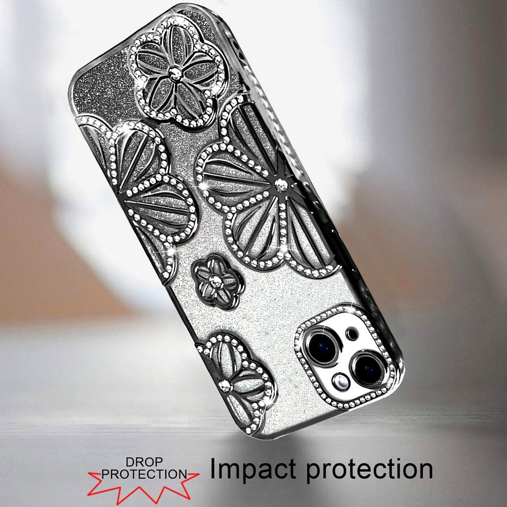 For Apple iPhone 15 Luxury Flower Design Sparkle Glitter Diamond Rhinestone Shimmer Bling Plating Thick TPU Hard PC Case Cover