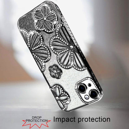 For Apple iPhone 15 Luxury Flower Design Sparkle Glitter Diamond Rhinestone Shimmer Bling Plating Thick TPU Hard PC Case Cover