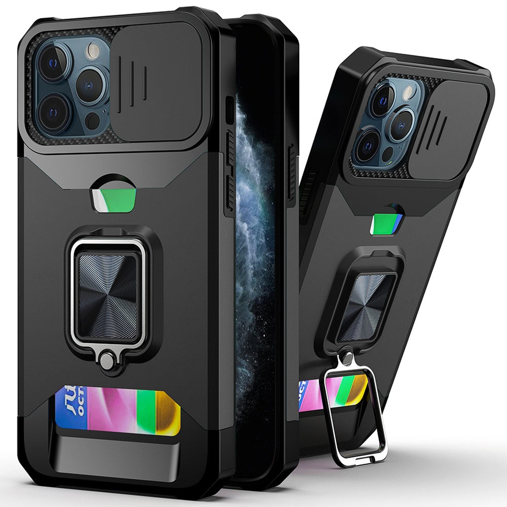 For Apple iPhone 11 Pro Max Wallet Case with Ring Stand & Slide Camera Cover Back Credit Card Slot Holder, Military Grade Case Cover Black