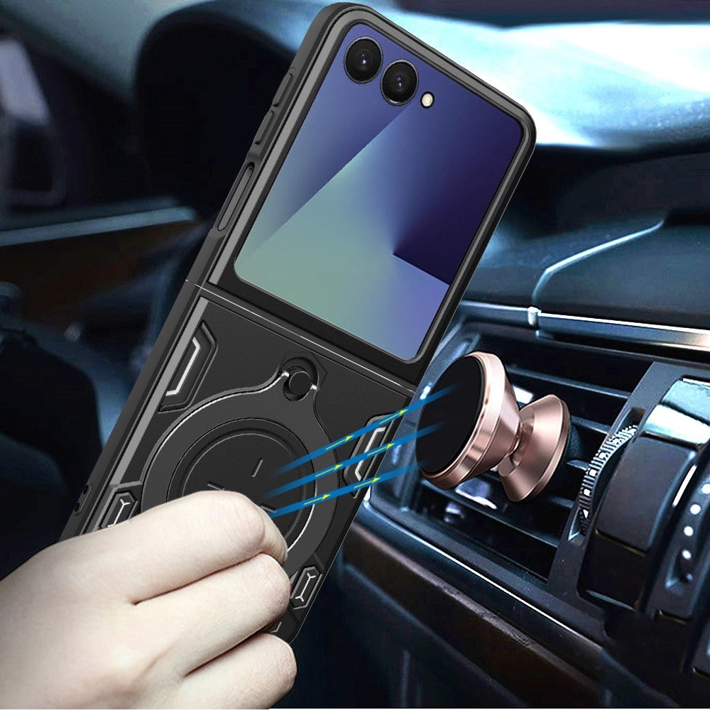 Phone Case for Samsung Galaxy Z Flip 8 Magnetic Ring Stand Shockproof Hybrid Full Camera Slide Guard Anti Slip Heavy Duty Protective Armor Cover Black