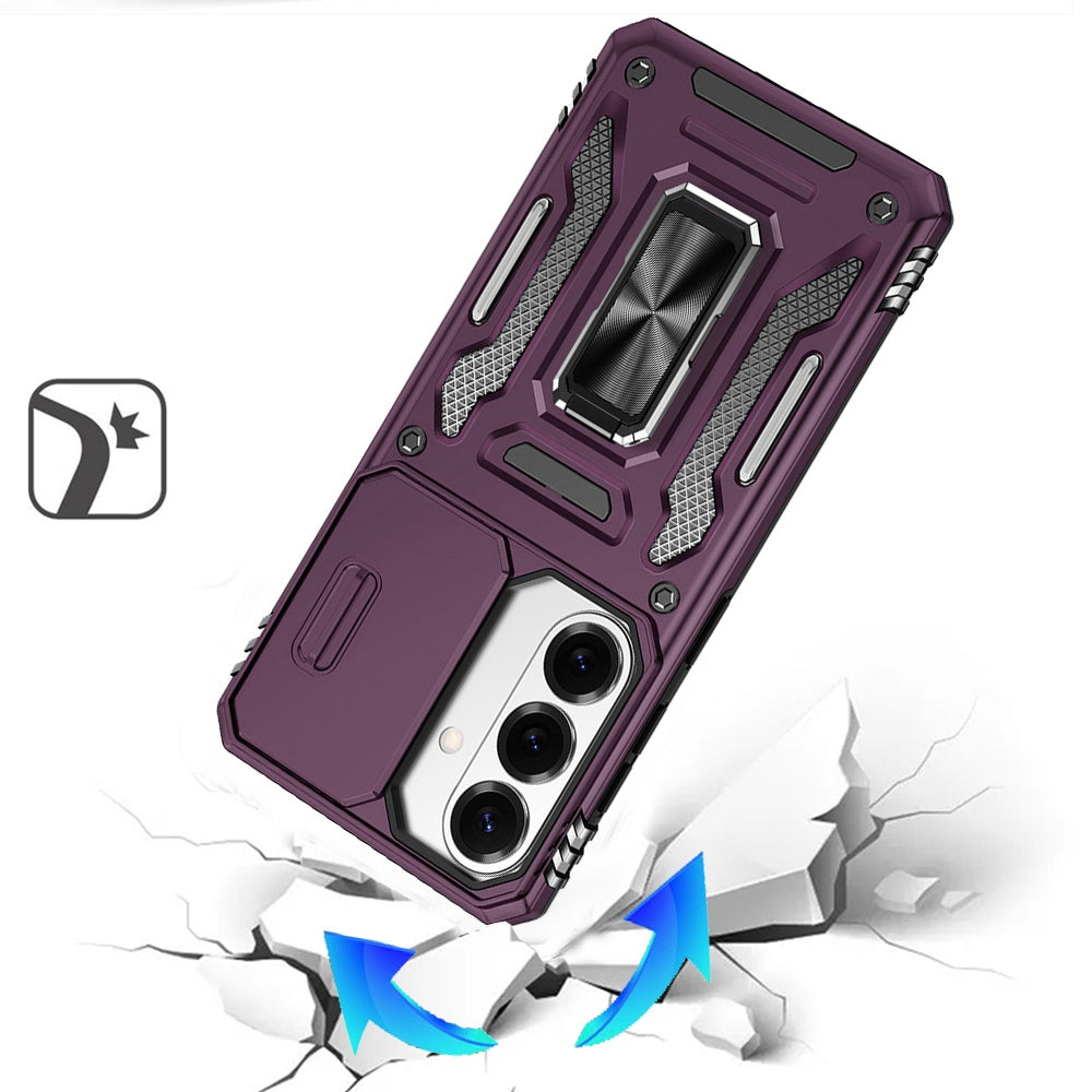 Phone Case for Samsung Galaxy S26 Tough Metal Ring Shockproof Sliding Camera Window Hybrid Armor Rugged Anti Slip Heavy Duty Grip Cover Purple