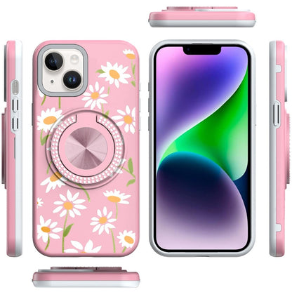 Phone Case for Apple iPhone 14/13 Magnetic Ring Stand Matte Metal Hybrid Car Mount Friendly Shockproof Rotational Grip Diamond Design Pattern Cover