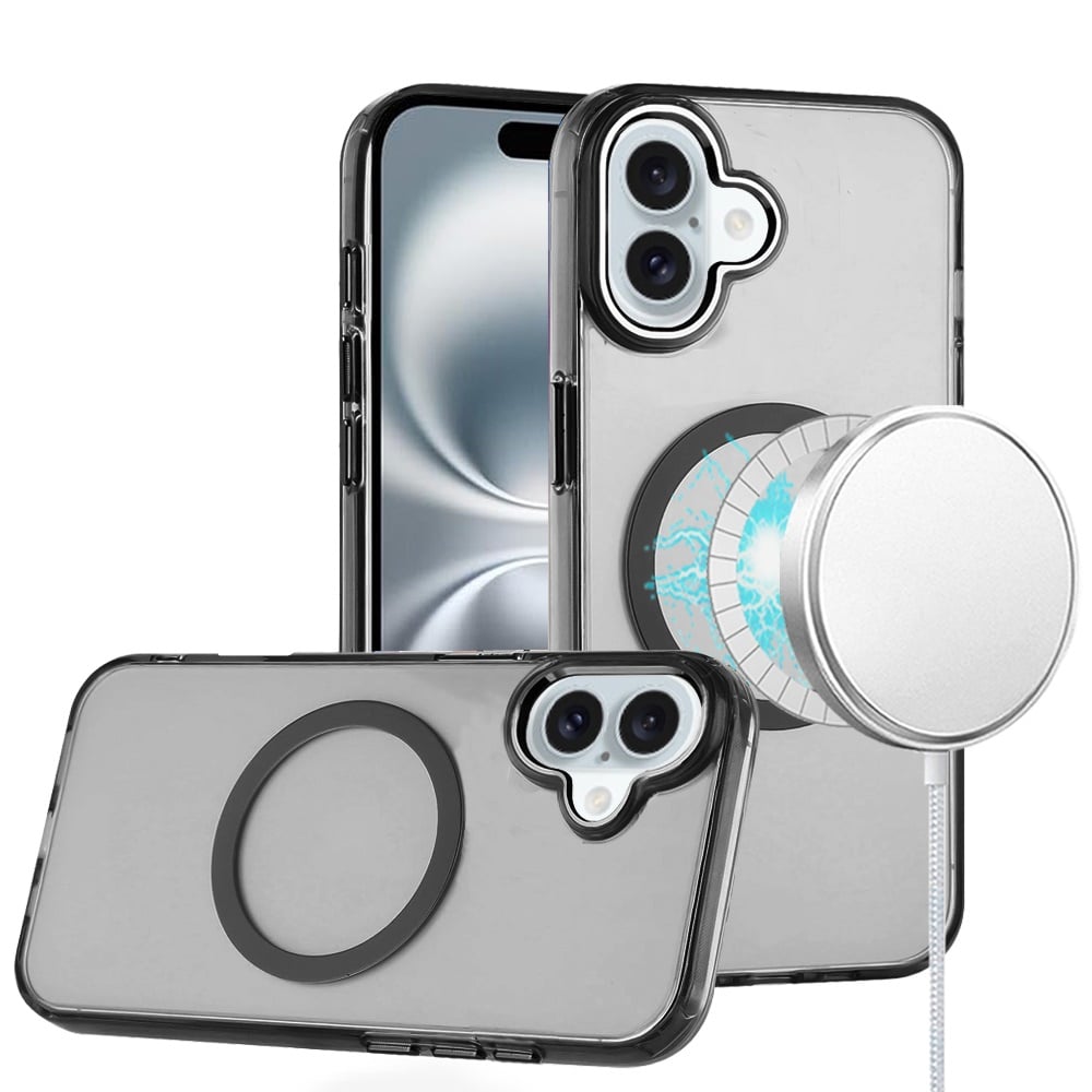 Phone Case for Apple iPhone 16 Plus Magnetic Clear Acrylic Metal Button Camera Guard Shockproof Transparent Slim Grip Premium Hybrid Cover Black