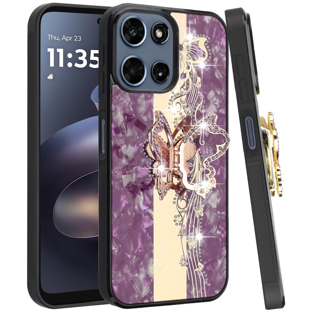 Phone Case for Motorola Moto G 5G 2026/ 2025 Diamond Glitter Butterfly Engraved Ring Stand Luxury Bling Hybrid Shockproof Chrome Edge Protective Durable Grip Cover Purple