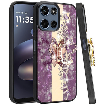 Phone Case for Motorola Moto G 5G 2026/ 2025 Diamond Glitter Butterfly Engraved Ring Stand Luxury Bling Hybrid Shockproof Chrome Edge Protective Durable Grip Cover Purple